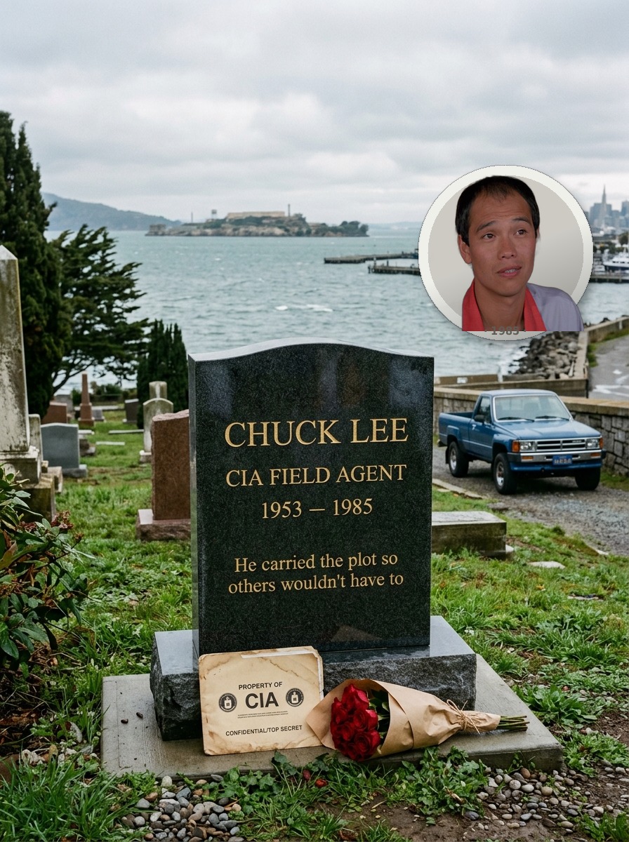 Chuck Lee headstone in blue-grey granite with gold lettering