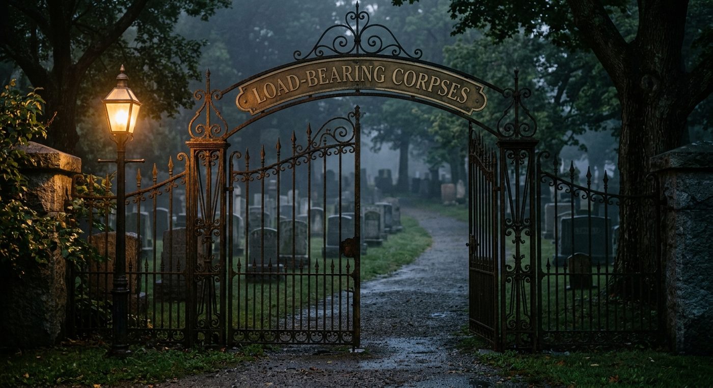 Foggy iron garden gate with a brass plaque reading Load-Bearing Corpses
