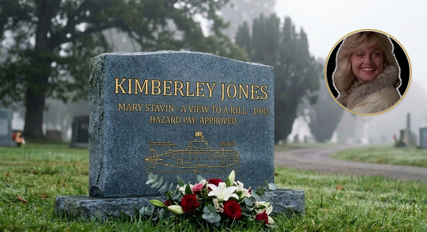 Kimberley Jones headstone in blue-grey granite with gold lettering, Mary Stävin credit, and an engraved iceberg submarine blueprint