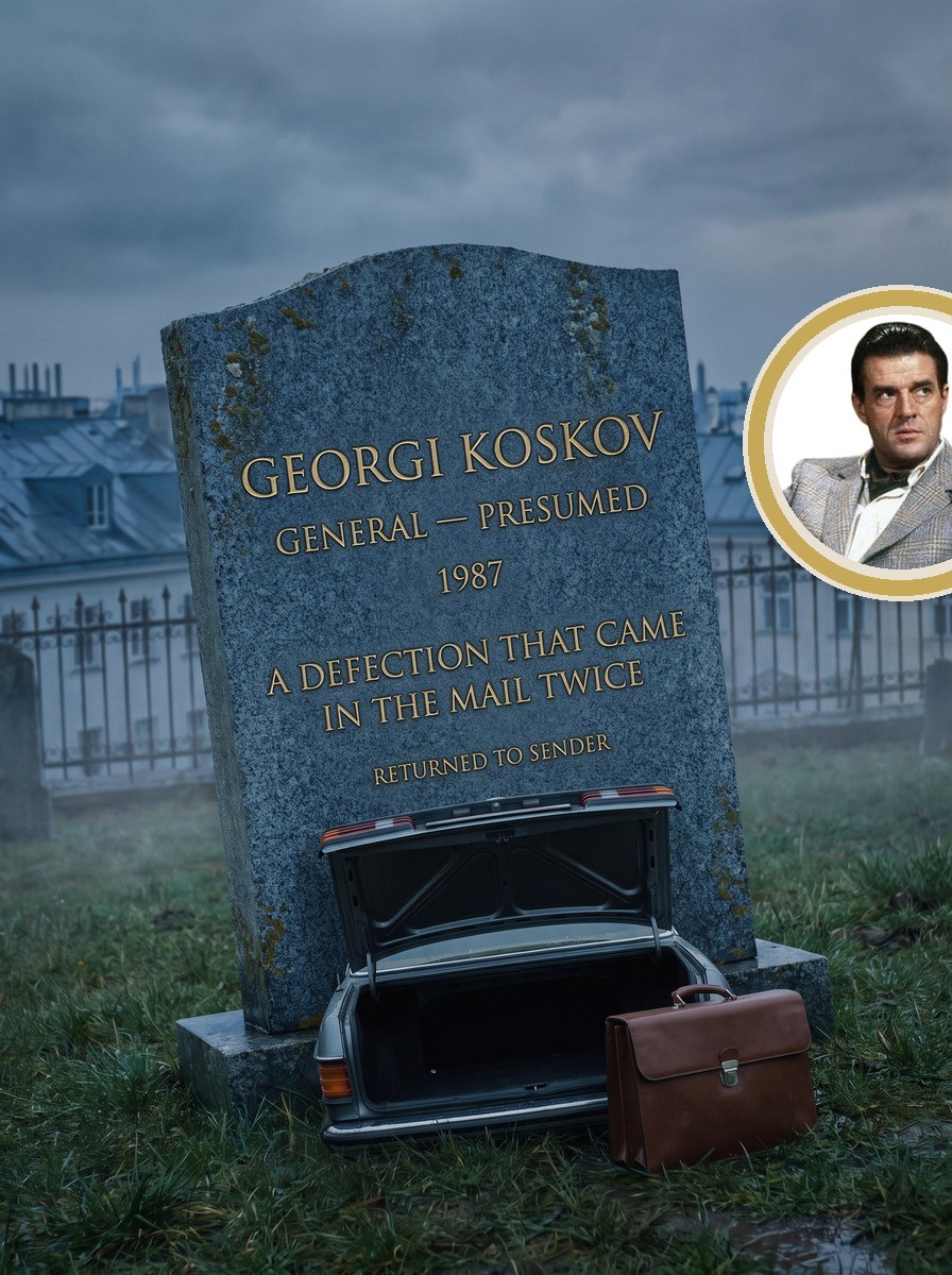 Georgi Koskov headstone in blue-grey granite with gold lettering and porcelain portrait medallion of Jeroen Krabbé as Koskov