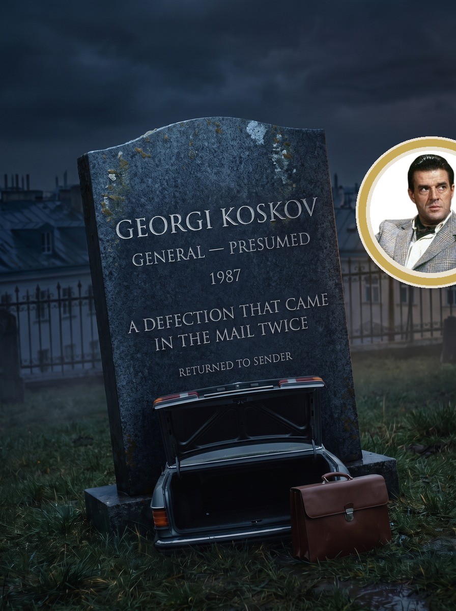 Georgi Koskov headstone, weathered and tilted, in black granite with white lettering