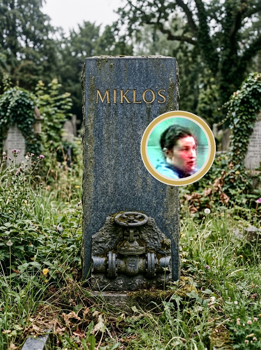 Rosika Miklos headstone in blue-grey granite with gold lettering and porcelain portrait medallion of Julie T. Wallace as Miklos