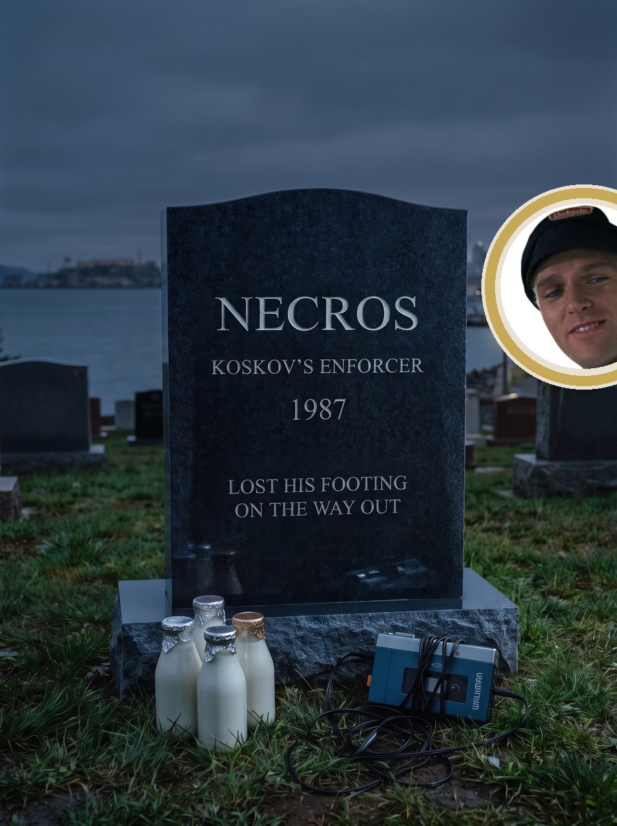 Necros headstone in black granite with white lettering and porcelain portrait medallion