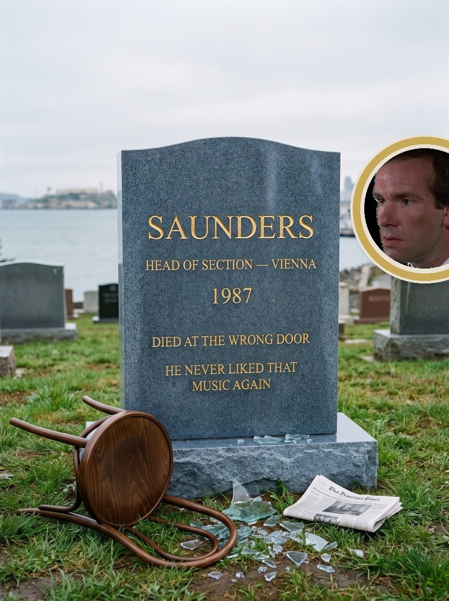 Saunders headstone in blue-grey granite with gold lettering and porcelain portrait medallion of Thomas Wheatley as Saunders