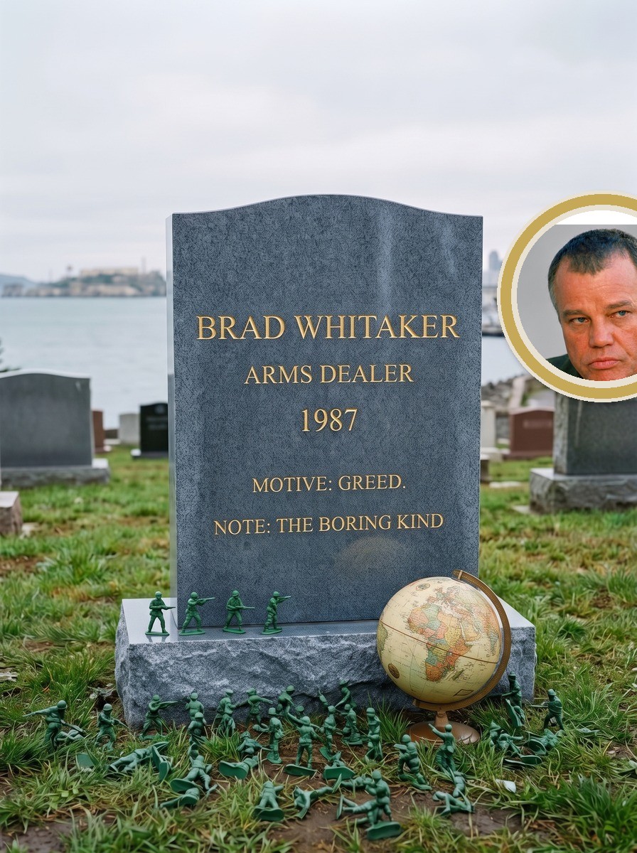 Brad Whitaker headstone in blue-grey granite with gold lettering and porcelain portrait medallion of Joe Don Baker as Whitaker